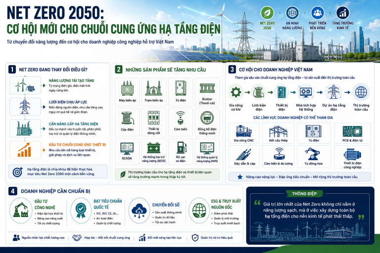 Net Zero không chỉ là điện gió và điện mặt trời: Cơ hội mới cho doanh nghiệp sản xuất trong chuỗi cung ứng hạ tầng điện