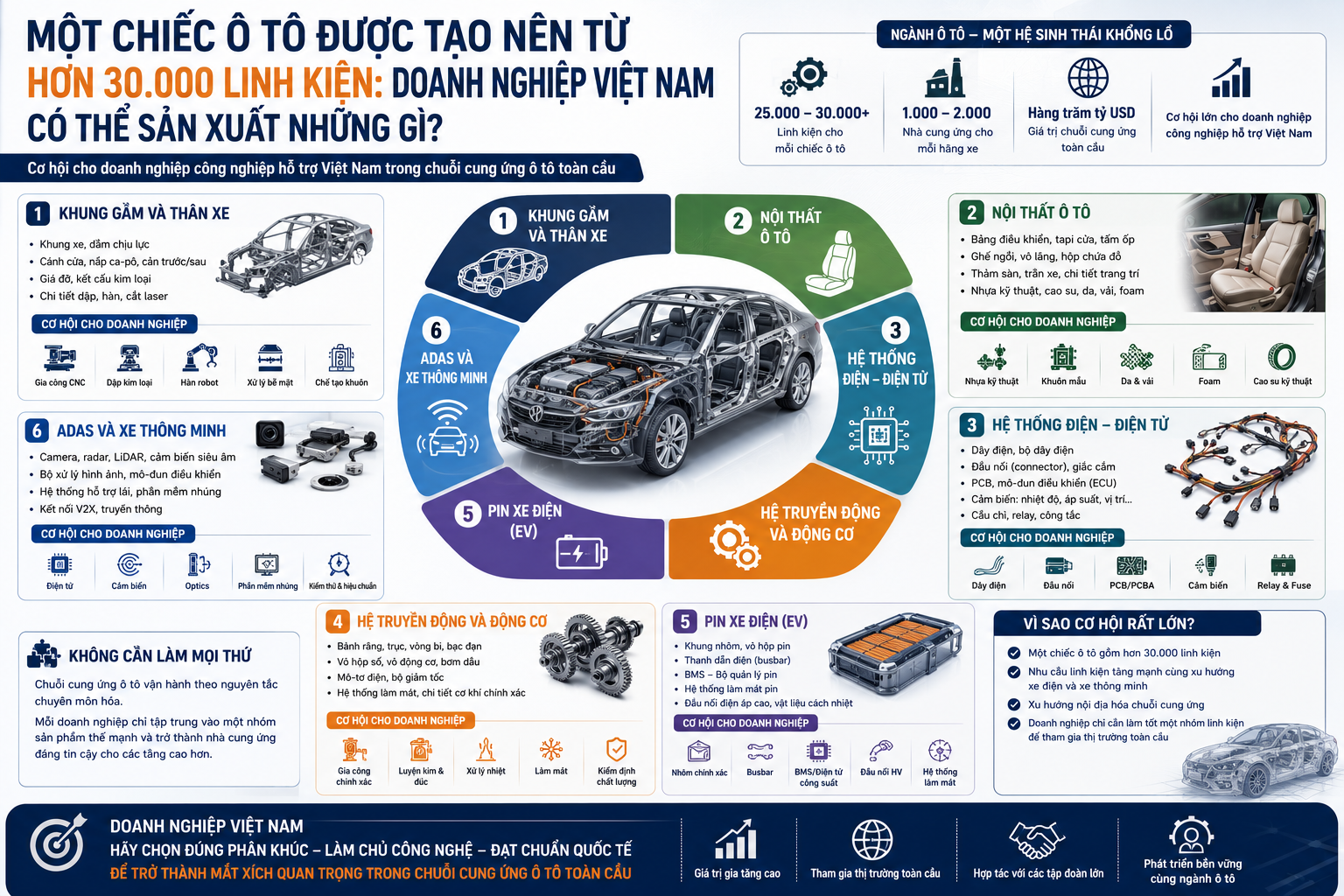 Một chiếc ô tô được tạo nên từ hơn 30.000 linh kiện: Doanh nghiệp Việt Nam có thể sản xuất những gì?